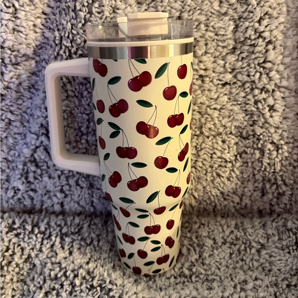 Cherry Patterned Travel Tumbler - Red & Green
